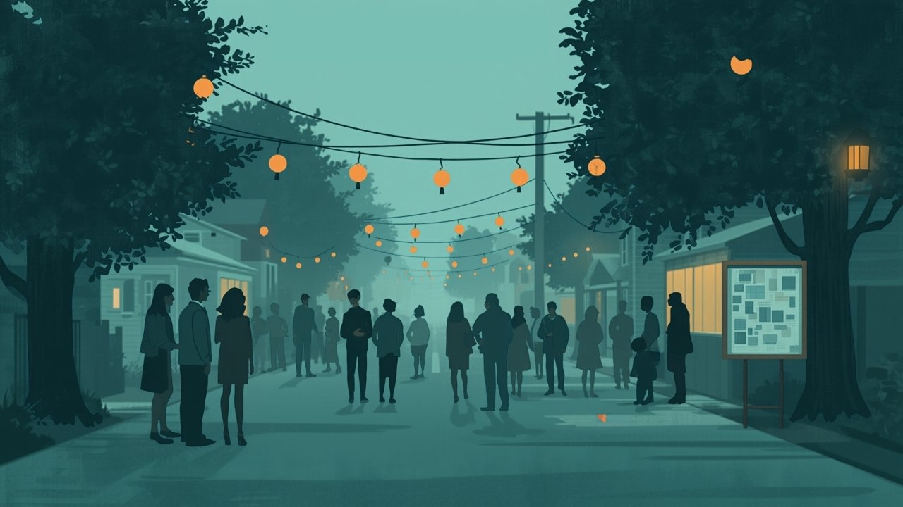 夕暮れの住宅街で提灯が灯り、住民が集まる町内会の祭りのイラスト