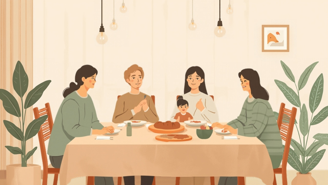 家族で祝い膳を囲む初節句のイラスト