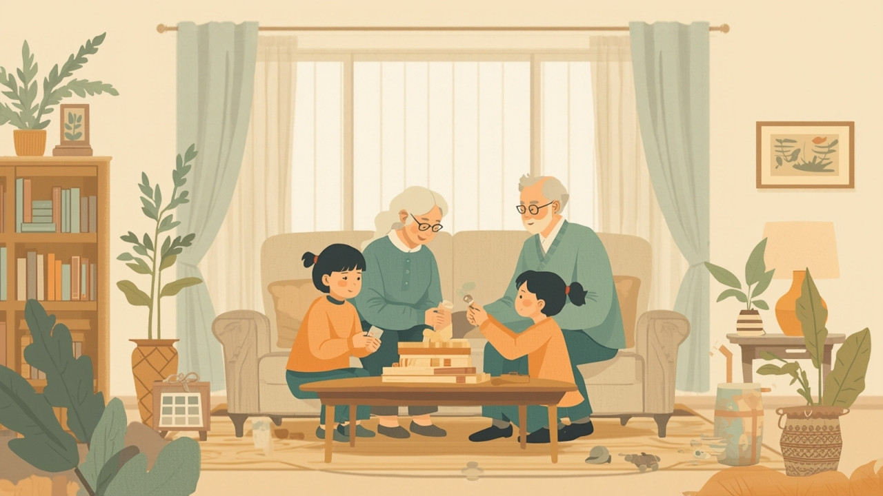 祖父母と孫が贈り物を囲む家族のイラスト