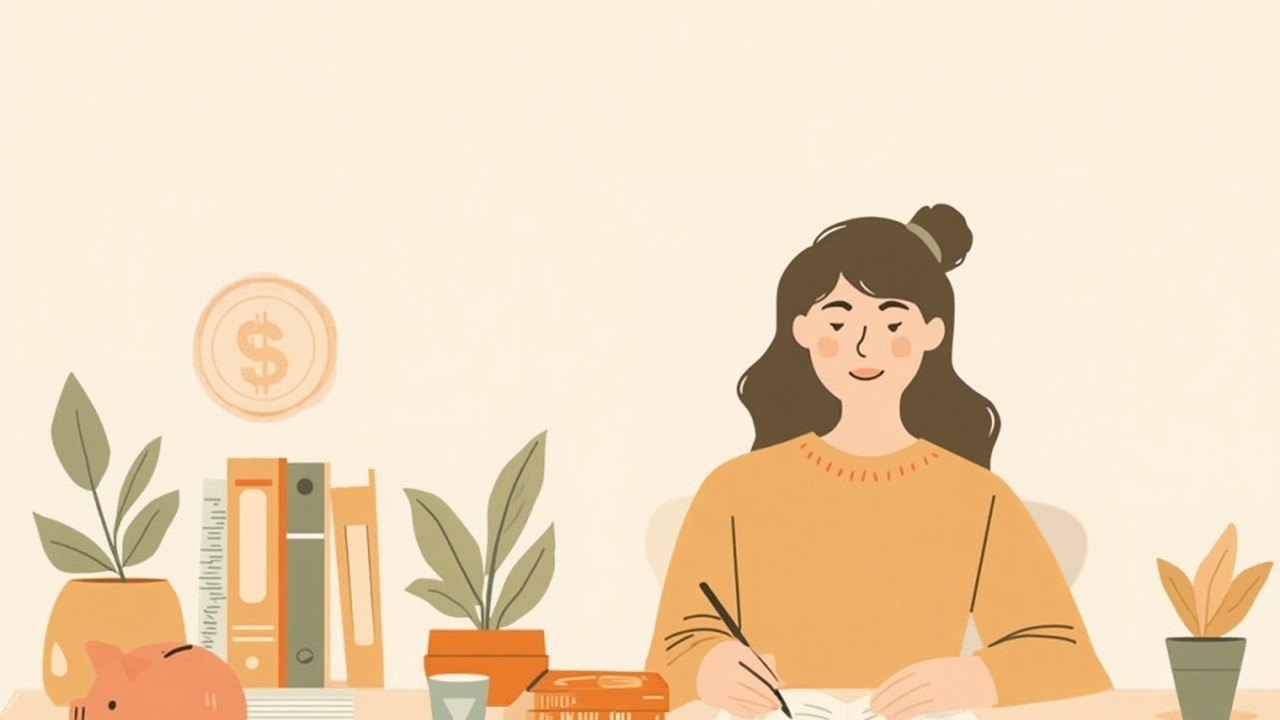家計の計画を立てる女性と貯金箱のイラスト