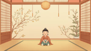 初節句のお祝いをする赤ちゃんと家族のイメージイラスト